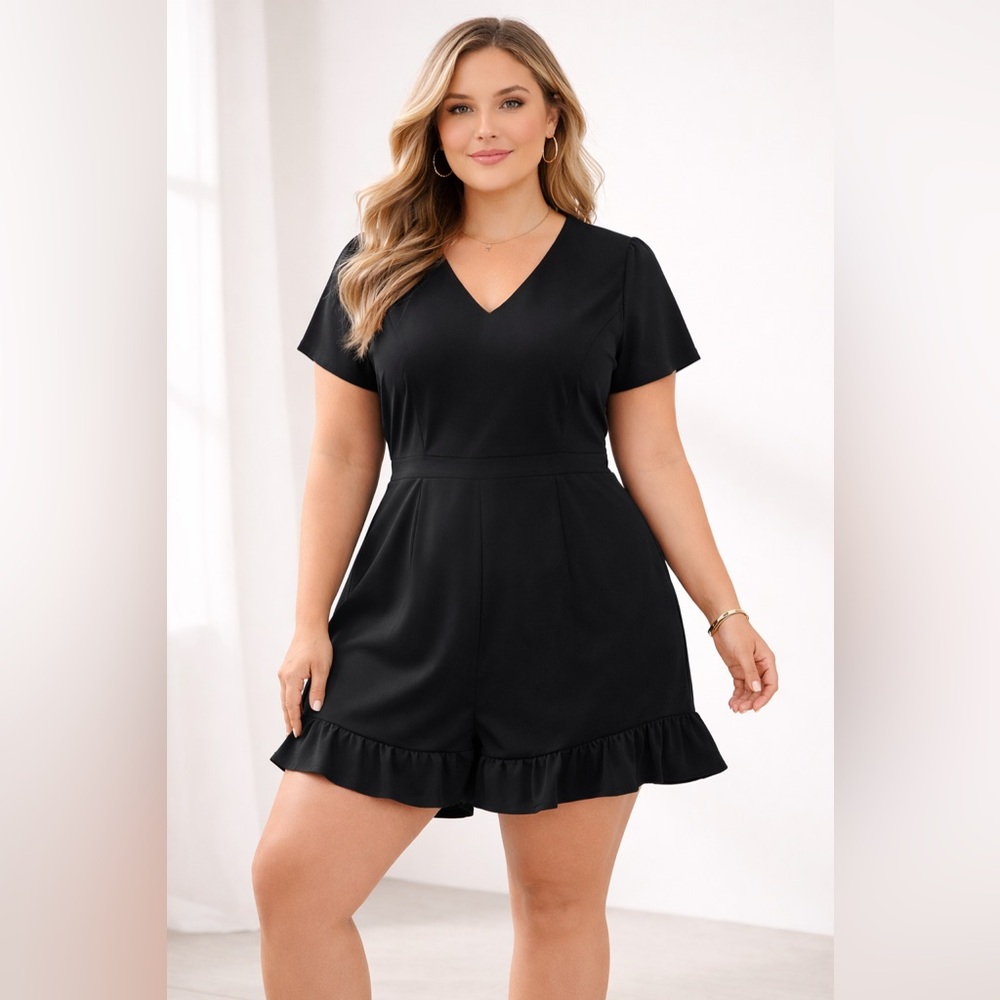 Bebe Black Silky Satin Romper V-Neck Ruffle Hem Shorts Jumpsuit Size 16 NWT